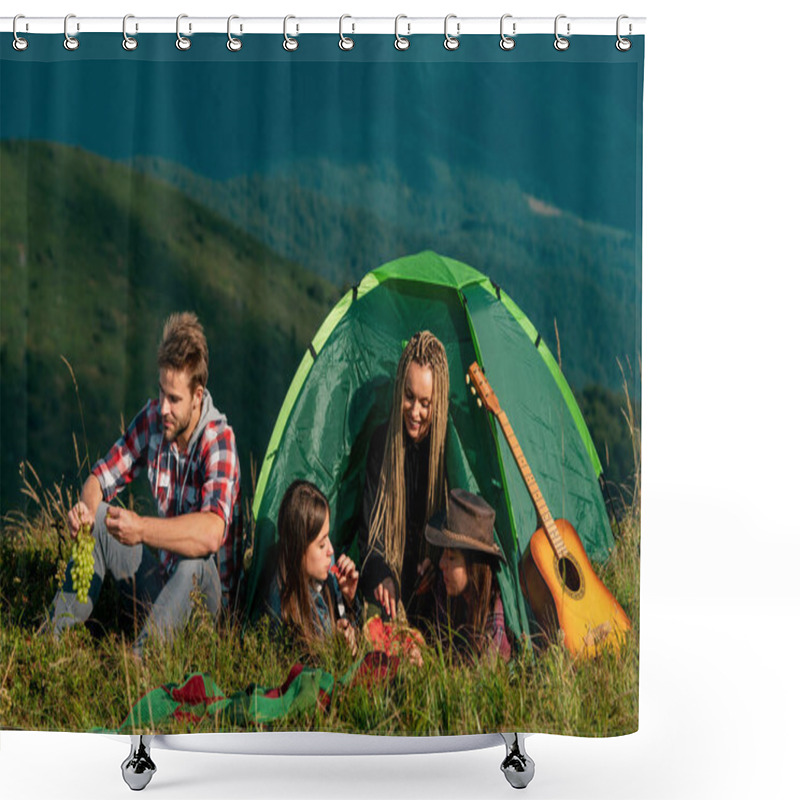 Personality  Young People On Camping Trip. Healthy Lifestyle And Eco Tourism. Group Of Happy Friends In Tent Eating Summer Fruits At Camping Shower Curtains