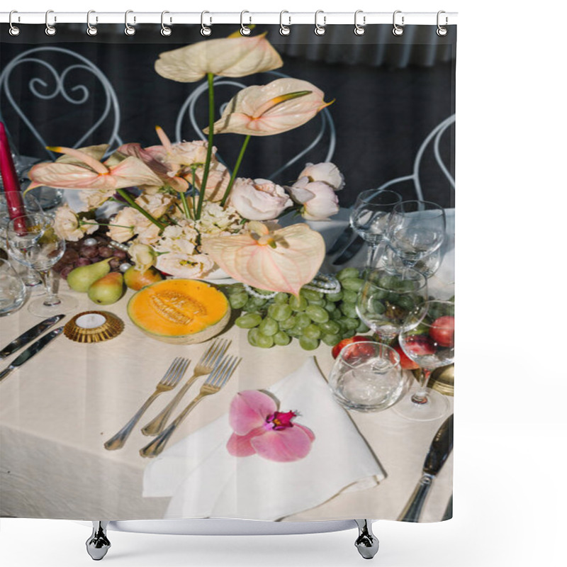 Personality  Elegant Floral Table Centerpiece With Orchids And Pearls Shower Curtains