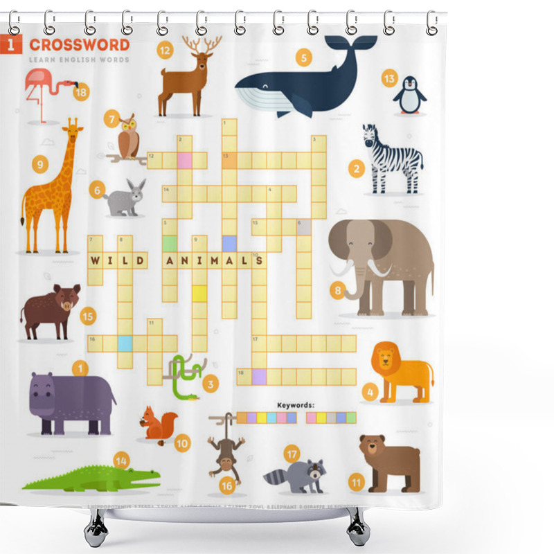 Personality  Crossword With Huge Set Of Illustrations And Keyword In Vector Flat Design Isolated On White Background. Crossword 1 - Wild Animals - Learning English Words With Images Shower Curtains