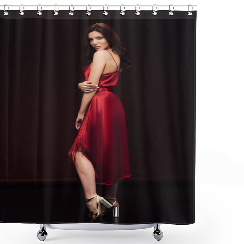 Personality  Beautiful Sensual Woman In Red Dress Posing And Looking At Camera Isolated On Black Shower Curtains