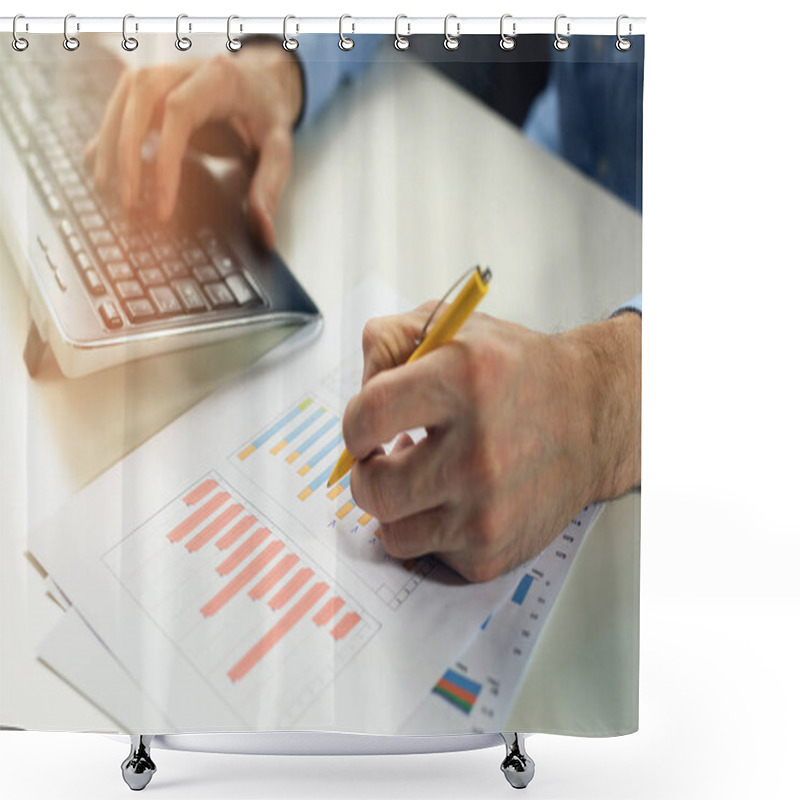 Personality  Office Clerk Working With Statistical Reports And Entering Data Into A Computer Shower Curtains