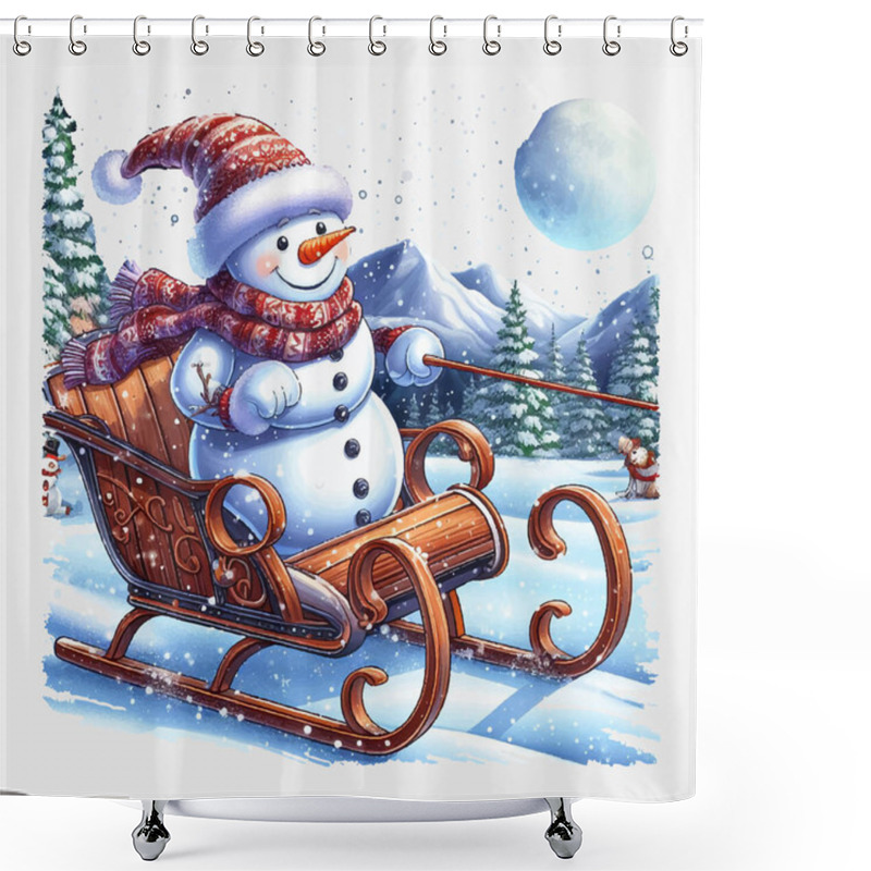 Personality  Snowman On A Sleigh Ride Vector File, Christmas Scene, Santa, Christmas Holiday, Vector Illustration File Shower Curtains