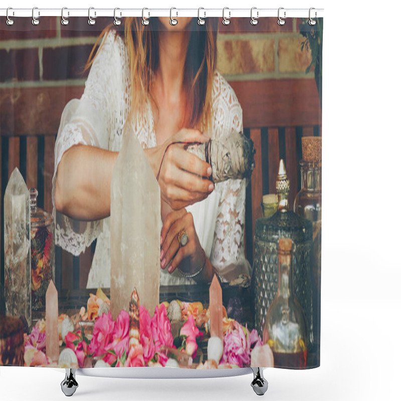 Personality  Beautiful Altar With Crystals And Rose Flowers Shower Curtains