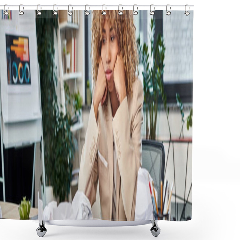 Personality  Tired Curly African American Businesswoman At Her Desk With Crumpled Papers, Horizontal Banner Shower Curtains