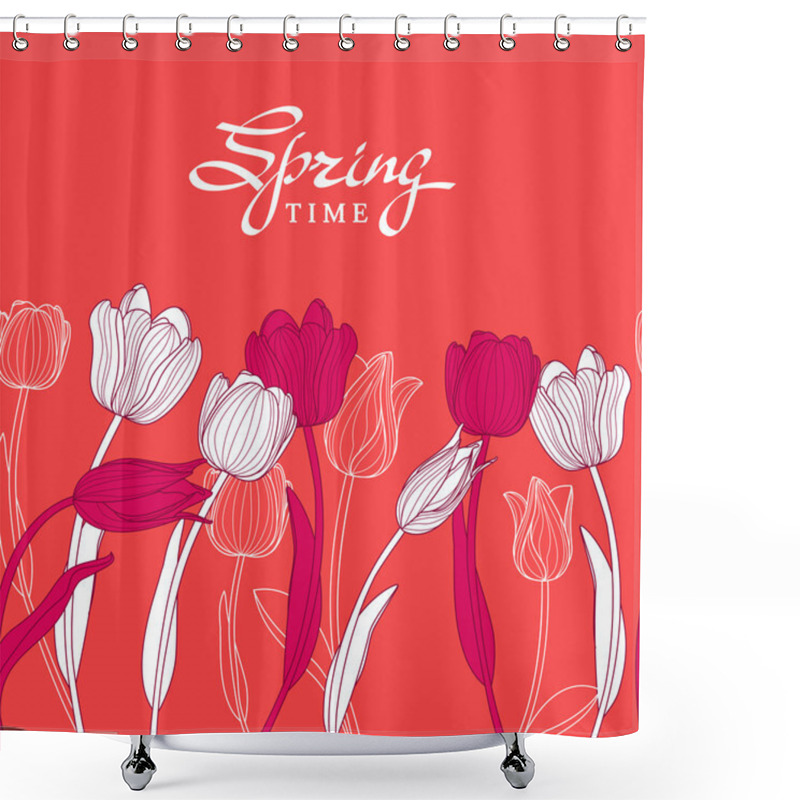 Personality  Hand Drawn White Outline Tulip Flowers On Pink Background. Vecto Shower Curtains