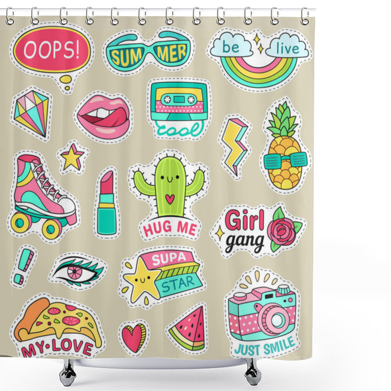 Personality  Fun Fashion Teenage Stickers. Cute Cartoons Patches For Teenager. Sticker Pack Vector Illustration Set Shower Curtains