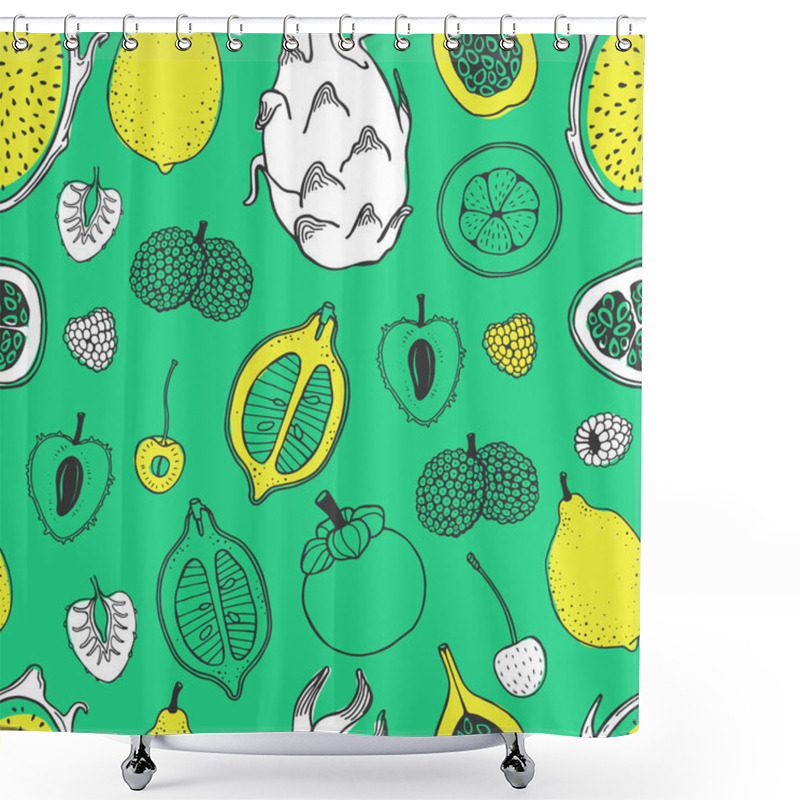 Personality  Seamless Nature Pattern With Sketch Of Fruit. Yellow And White Vector Line Illustration Of Papaya, Fig, Pear, Peach, Mangosteen, Lychee On Turquoise Background. Tropical Food. Shower Curtains