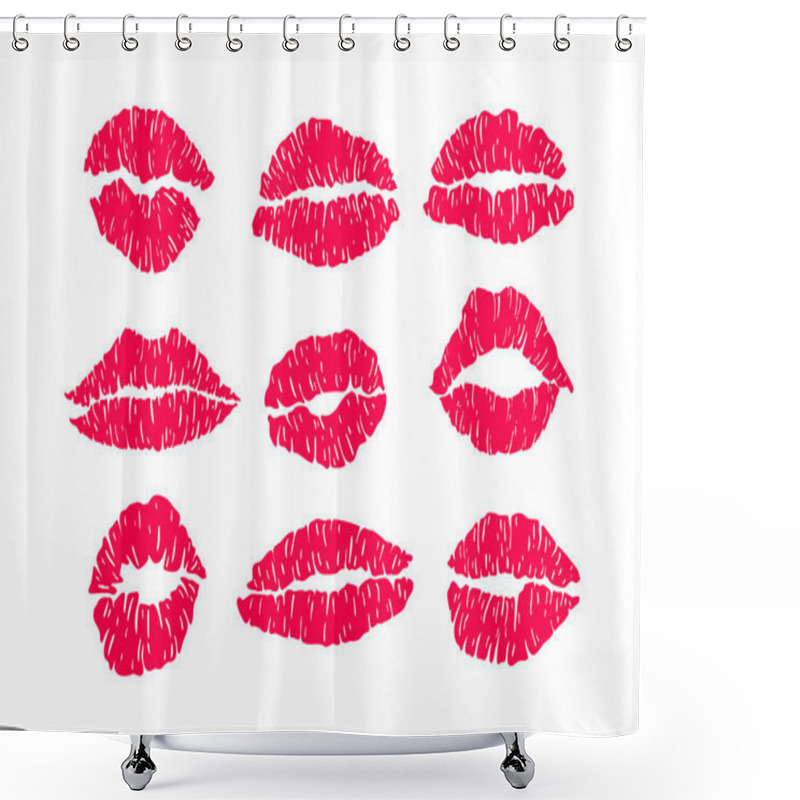 Personality  Red Mark Kisses Lipstik Pink Mouth Set. Hand Drawn Shape Beauty Sexy Silhouette Isolated On White Background. Vector Icon. Shower Curtains