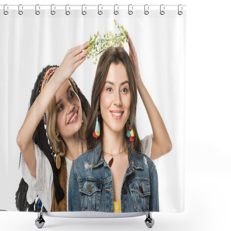 Personality  Smiling Girl In Indian Headdress Putting Wreath On Friend Isolated On White Shower Curtains