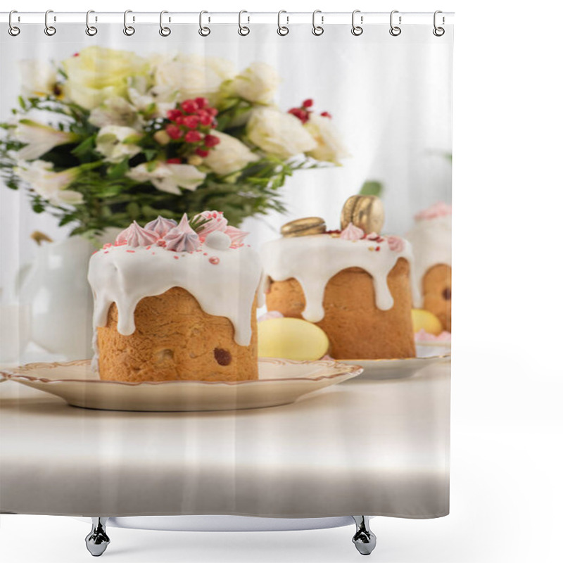 Personality  Selective Focus Of Delicious Easter Cakes With Golden French Macaroons And Meringue On Icing Near Floral Bouquet Shower Curtains