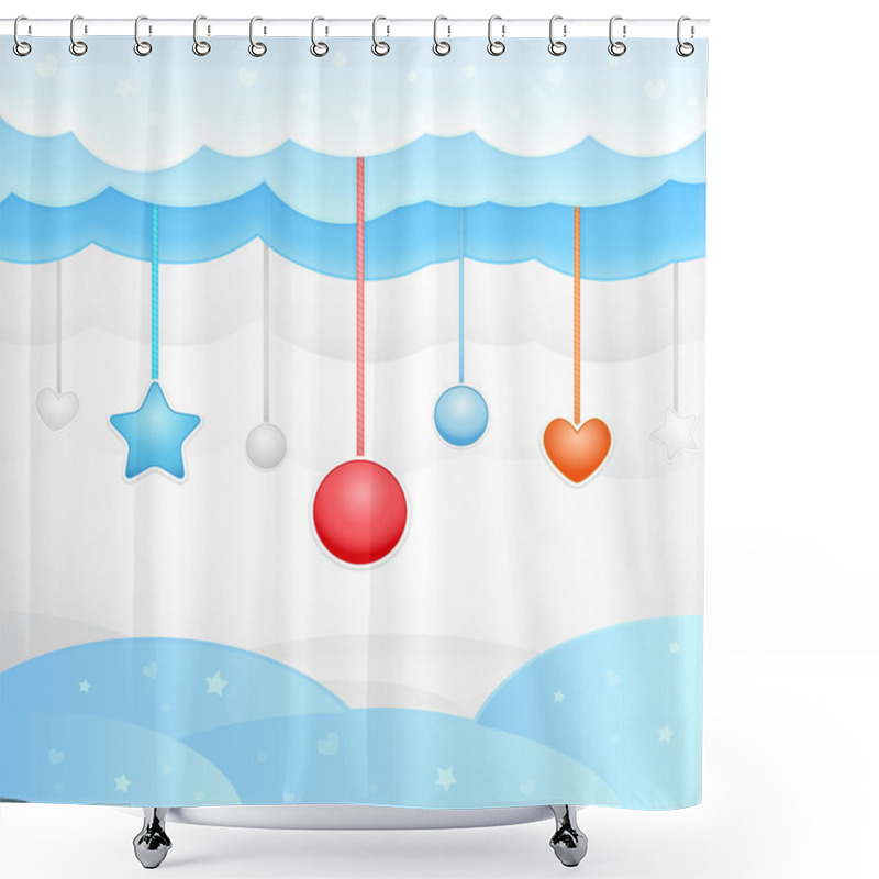 Personality  Vector Blue Background With Clouds And Christmas Decorations Shower Curtains