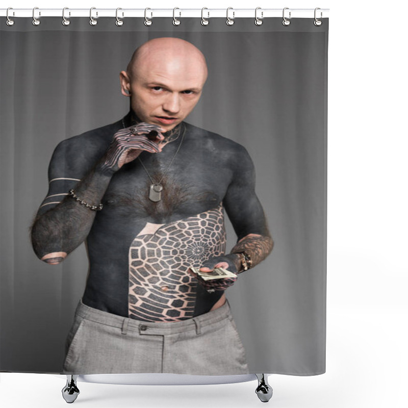 Personality  Bald Shirtless Tattooed Man With Cigar Holding Dollar Banknotes And Looking At Camera Isolated On Grey Shower Curtains