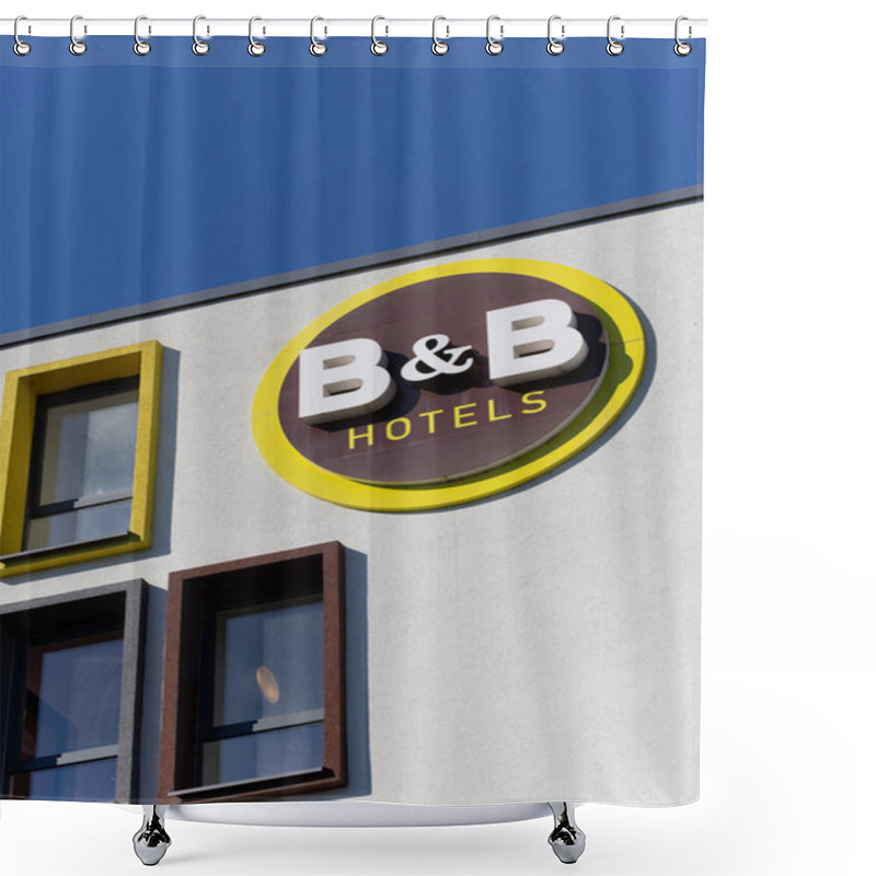 Personality  Bad Homburg, Germany - 07.03.2021, Exterior View Of A B And B Hotel With White Facade, Colorful Windows And The Hotel Logo. High Quality Photo Shower Curtains