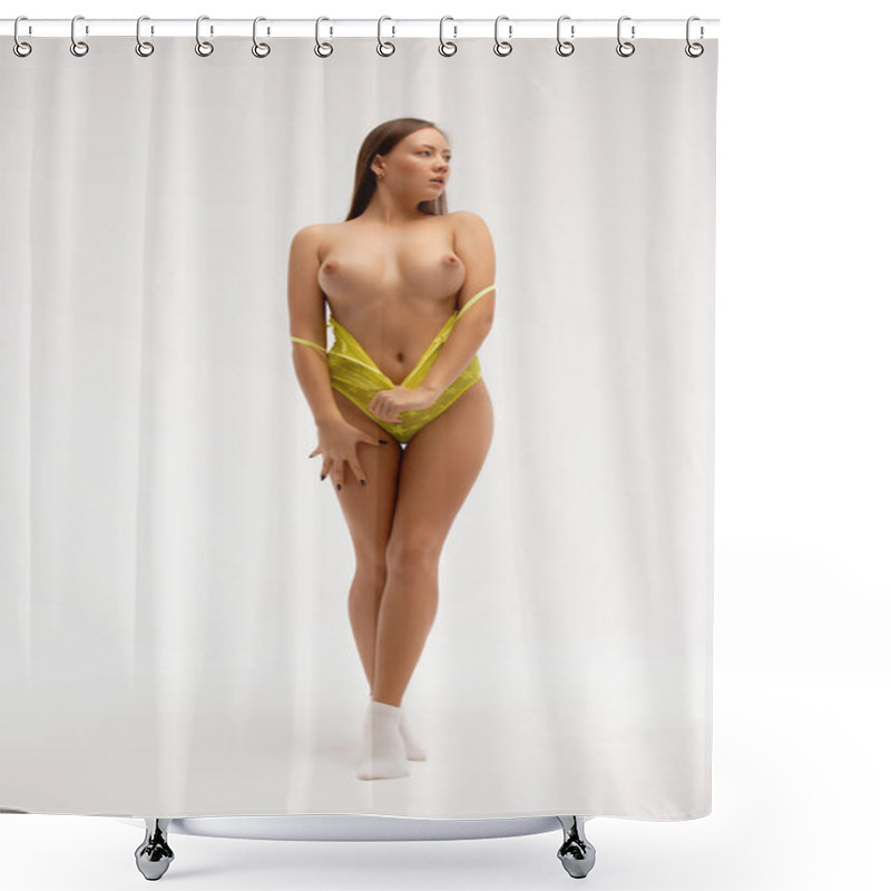 Personality  Full Body Of Seductive Young Female Taking Off Bodysuit And Showing Bare Breast While Standing Against White Background And Looking Away Shower Curtains