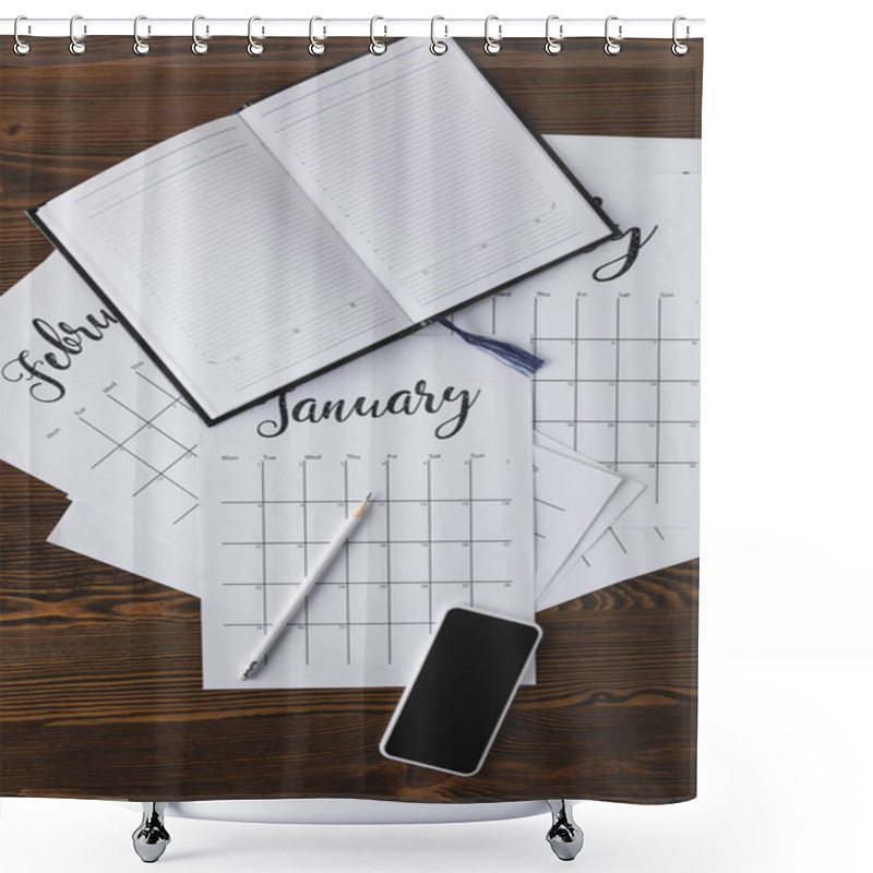 Personality  Flat Lay With Empty Notebook, Calendar, Pencil And Smartphone On Wooden Surface Shower Curtains