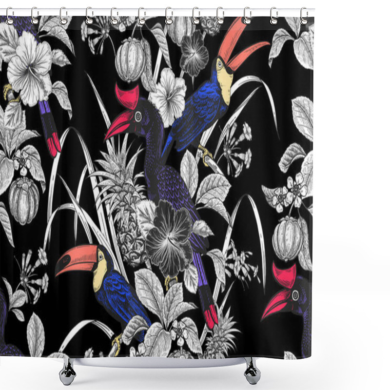 Personality  Bright Tropical Birds, Flowers, Fruits, Leaves On Black Background. Tropical Floral Seamless Pattern. Exotic Nature. Vector Illustration. Vintage. Luxury Summer Design For Hawaiian Shirts. Black White Shower Curtains