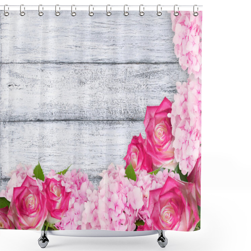 Personality  Roses And Hydrangeas On Shabby Wooden Planks Shower Curtains