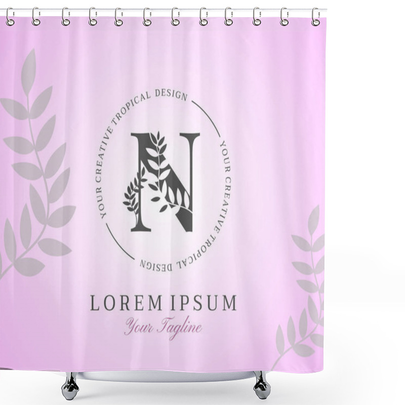 Personality  Feminine Letter N Logo With Nature Leaves Texture Design Logo Icon. Creative Beauty Alphabetical Beauty Nature Logo Template. Shower Curtains