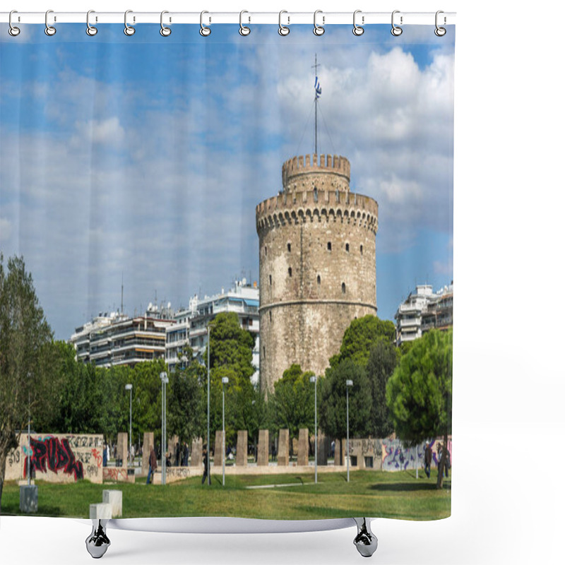 Personality  THESSALONIKI, GREECE - SEPTEMBER 30, 2017: White Tower In City Of Thessaloniki, Central Macedonia, Greece Shower Curtains