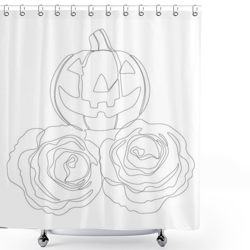 Personality  One Continuous Line Of Jack O' Lantern With Rose Flowers. Thin Line Illustration Vector Concept. Contour Drawing Creative Ideas. Shower Curtains