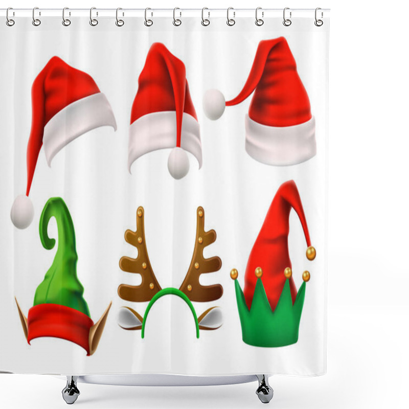 Personality  Christmas Holiday Hat. Funny 3d Elf, Snow Reindeer And Santa Claus Hats Wearing For Noel Sign. Elves Fur Cap Clothes, Decoration Xmas Costume Cartoon Isolated Vector Icon Set Shower Curtains