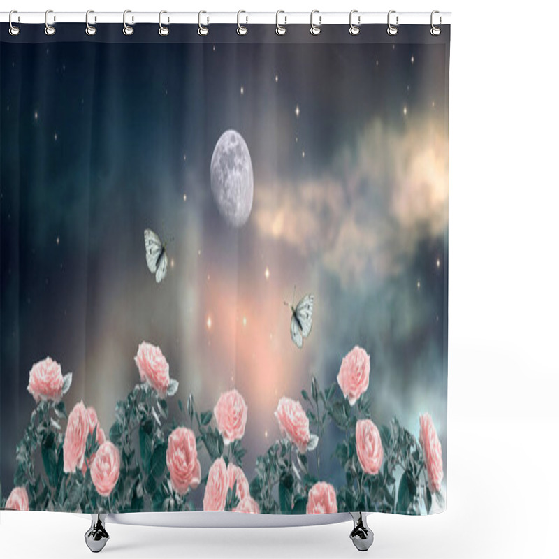 Personality  Fairytale Fantasy Photo Background Of Magical Deep Dark Night Sky With Shining Stars, Moon, Clouds, Beautiful Fairy Pink Rose Flower Garden And Flying Butterflies. Idyllic Fabulous Panoramic Scene. Shower Curtains