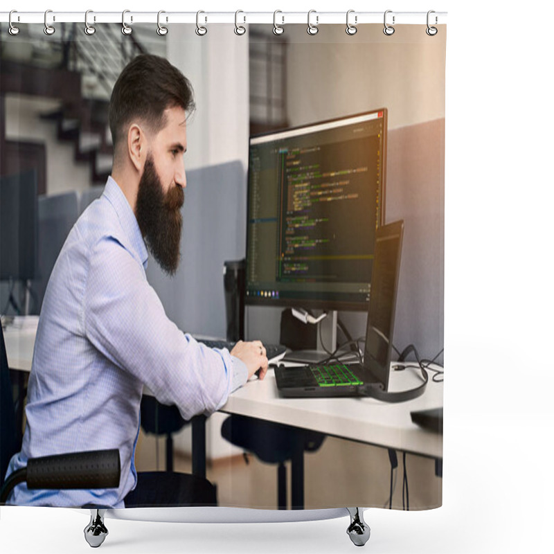 Personality  Software Programming. Bearded Man Working On Computer In IT Office, Sitting At Desk Writing Code, Working On A Project In Software Development Company Or Startup. High Quality Image. Shower Curtains