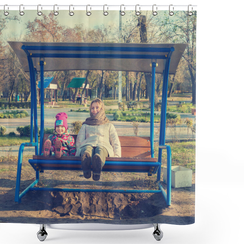 Personality  Joyful Young Mother And Little Daughter In Autumn Park Shower Curtains