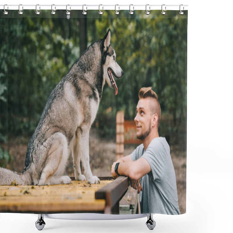 Personality  Young Man Looking At Siberian Husky Dog Shower Curtains