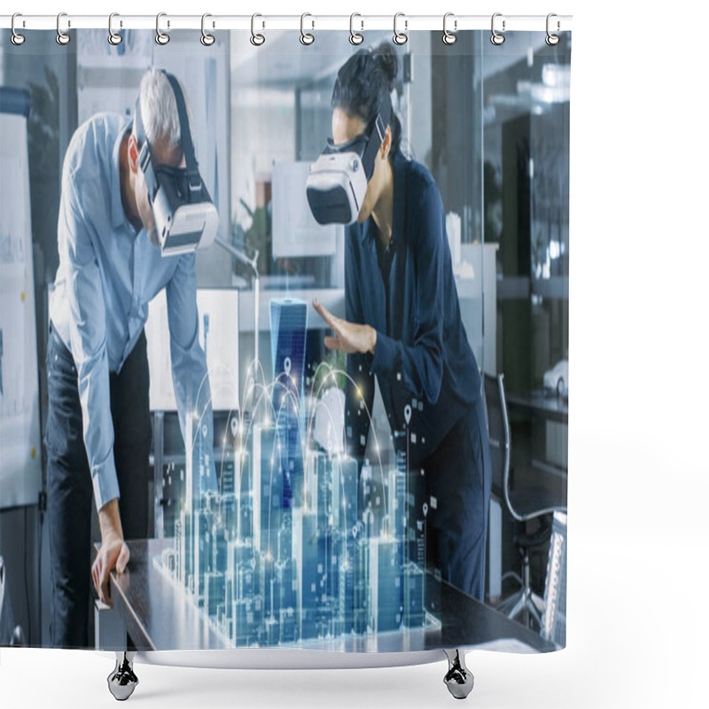 Personality  Male And Female Architects Wearing  Augmented Reality Headsets Work With 3D City Model. High Tech Office Professional People Use Virtual Reality Modeling Software Application. Shower Curtains