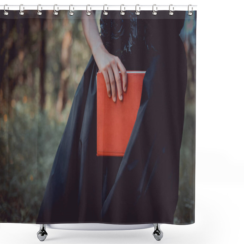 Personality  Cropped View Of Adult Woman In Witch Costume Standing With Red Book Shower Curtains