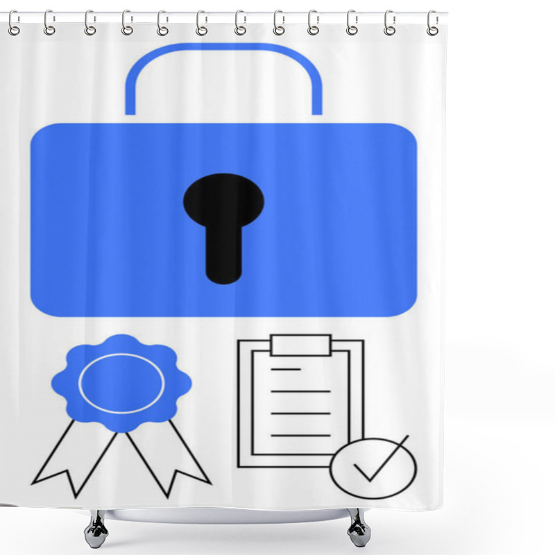 Personality  Blue Padlock, Ribbon-style Certification Badge, Checklist, And Tick Mark Illustration. Ideal For Security, Trust, Authorization, Compliance Validation Safety And Data Integrity. Abstract Line Flat Shower Curtains