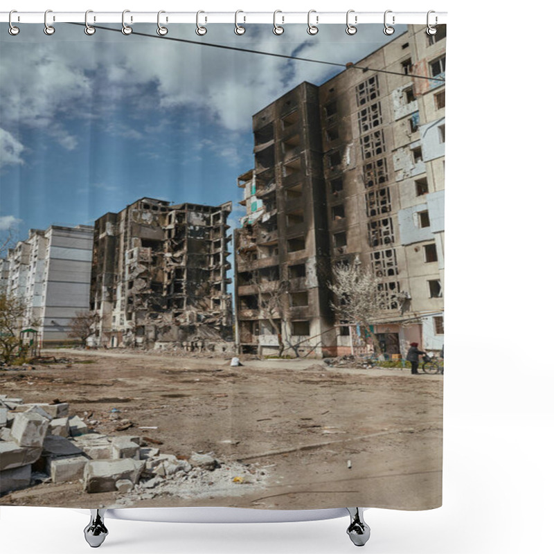 Personality  Destroyed Buildings In The Central Square, Ukraine, Borodyanka. 30 April 2022 Shower Curtains