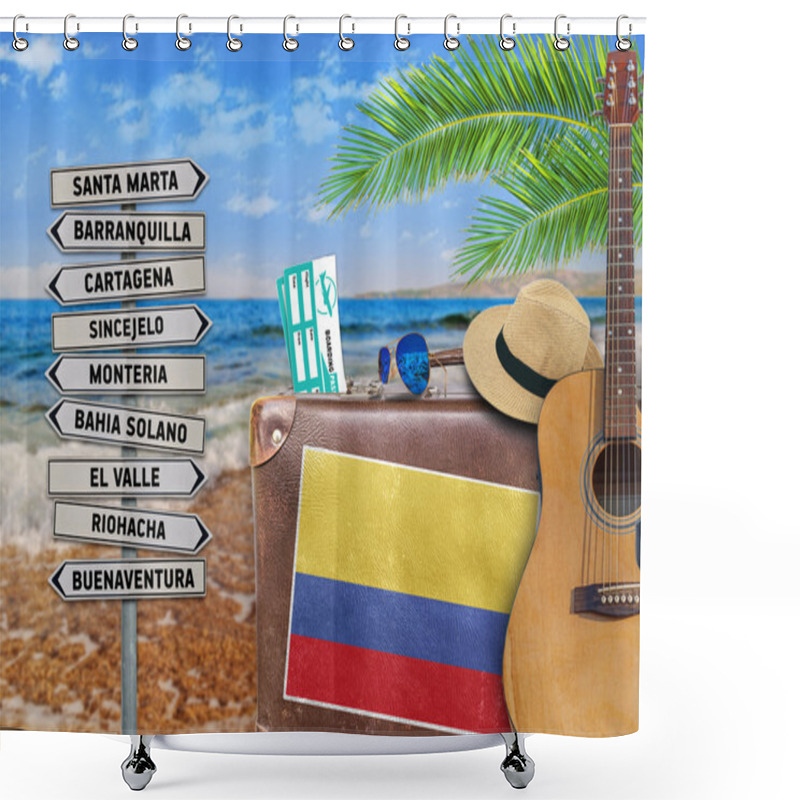 Personality  Concept Of Summer Traveling With Old Suitcase And Columbia Shower Curtains