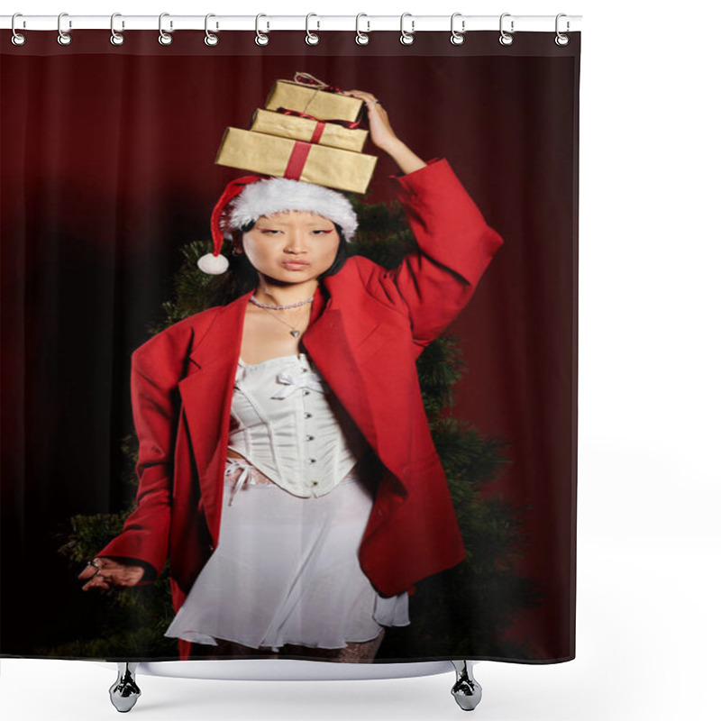 Personality  A Beautiful Asian Woman In Festive Attire Balances Wrapped Gifts Against A Vibrant Backdrop. Shower Curtains