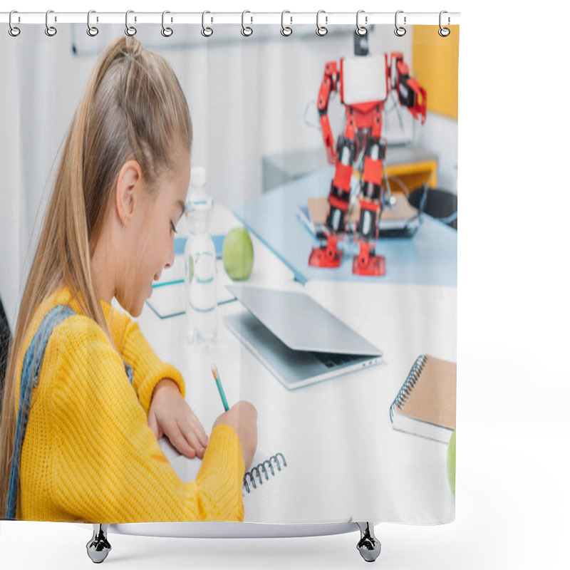 Personality  Schoolgirl Sitting At Desk With Robot Model And Writing In Notebook During STEM Lesson Shower Curtains