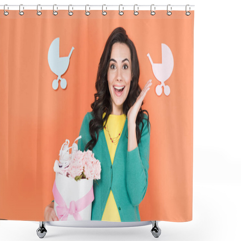 Personality  Amazed Pregnant Woman Holding Pink Flowers On Orange Background Shower Curtains