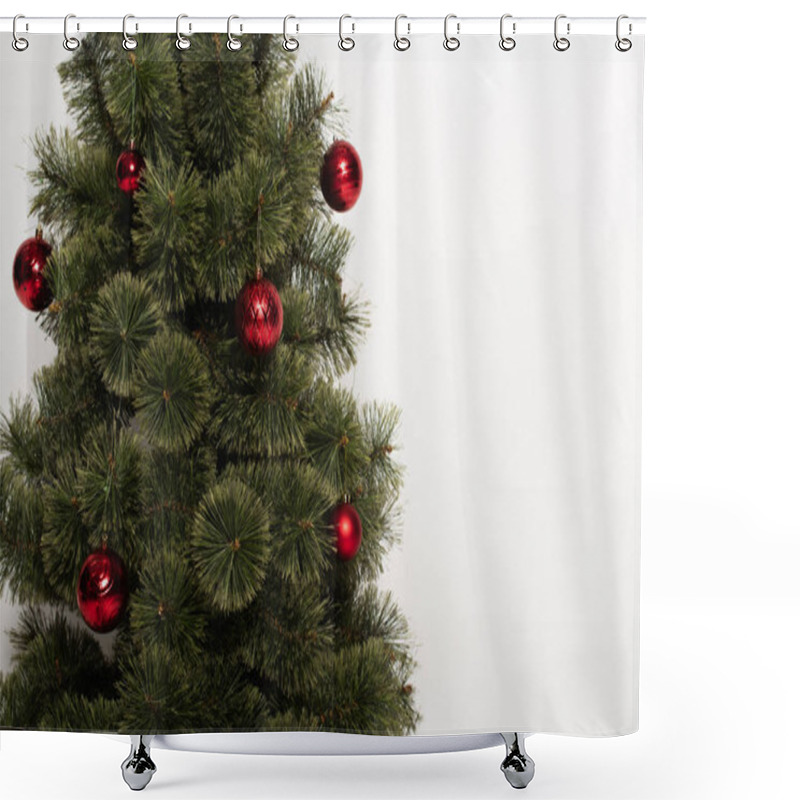 Personality  Green Pine Tree Decorated With Red And Shiny Christmas Balls Isolated On White Shower Curtains