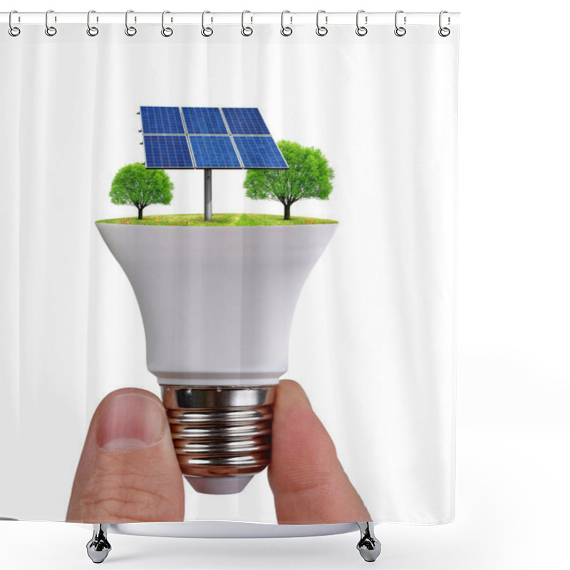 Personality  Hand Holding Eco LED Light Bulb With Solar Panel Isolated On White Background. Concept Of Green Energy. Shower Curtains