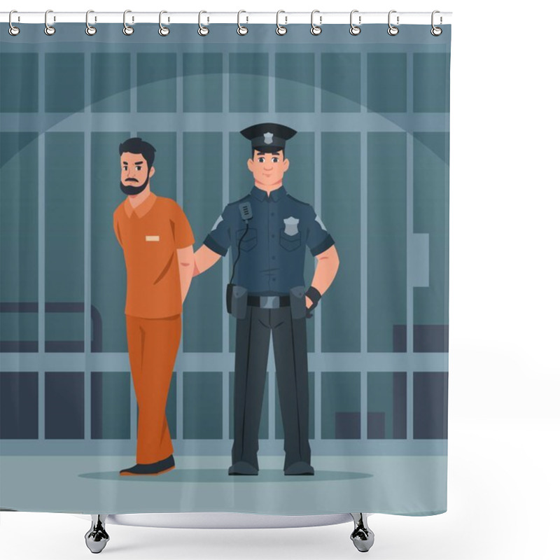 Personality  Policeman Arrest Thief. Police Officer And Bandit. Policeman Escorts Criminal To Jail. Jailer Leads Convicted Man To Prison Cell. Lawbreaker Punishment. Vector Scene Of Imprisonment Shower Curtains