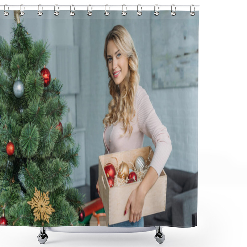 Personality  Attractive Girl Decorating Christmas Tree And Holding Box With Baubles At Home, Looking At Camera Shower Curtains