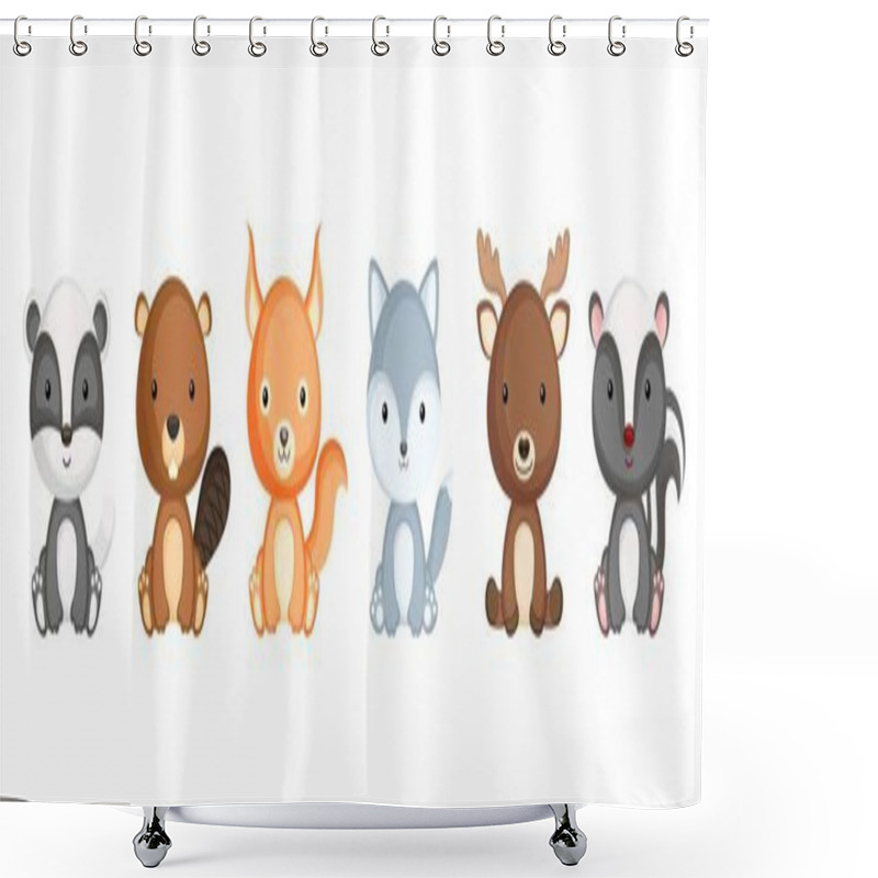 Personality  Collection Of Sitting Little Animals In Cartoon Style. Cute Woodland Animals Characters For Kids Cards, Baby Shower, Birthday Invitation, House Interior. Bright Colored Childish Vector Illustration. Shower Curtains