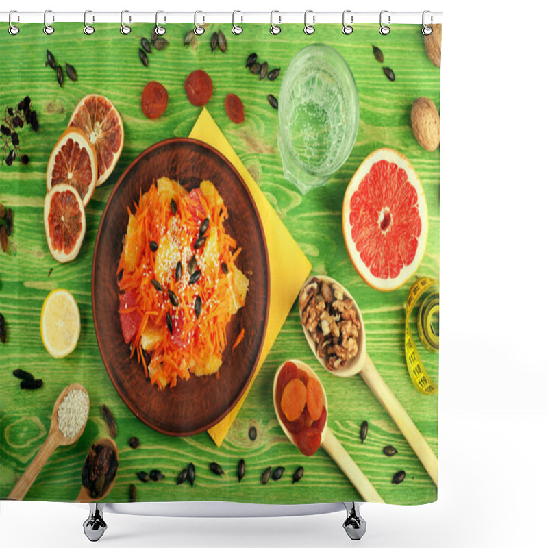 Personality  Concept Diet Food. Breakfast. Carrot-apple Salad With Dried Fruit And Nuts In A Brown Earthenware Dish. Around Half A Grapefruit, Nuts, Raisins And A Glass Of Water. Low-calorie Dish That Promotes Weight Loss. Green Wooden Background. View From Above Shower Curtains