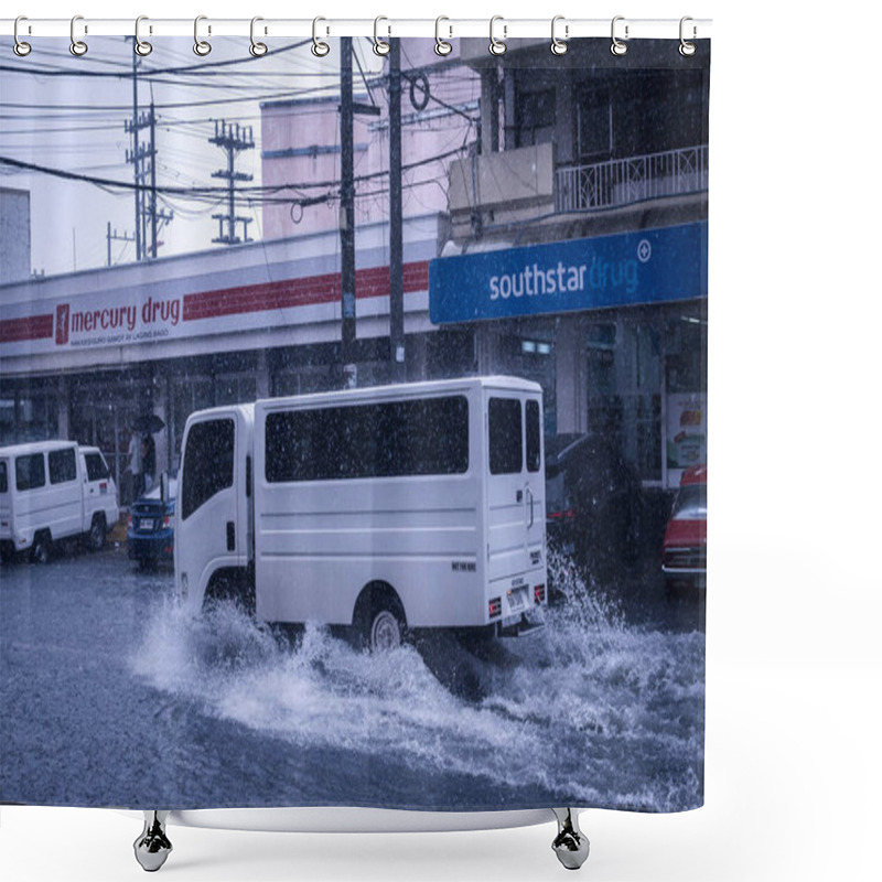 Personality  Metro Manila, Philippines - Aug 2020: A Van Drives Through Flash Floods Caused By Heavy Rainfall. Monsoon Season Or Thunderclouds. Dramatic Shot. Shower Curtains