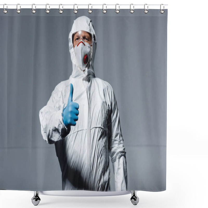 Personality  Man In Personal Protective Equipment Showing Thumb Up On Grey  Shower Curtains