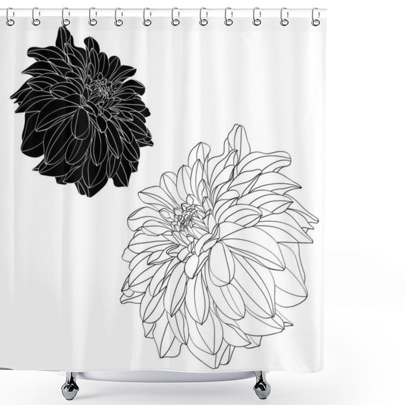 Personality  Sketch Floral Botany Collection. Dahlia Flower Drawings. Black And White With Line Art On White Backgrounds. Hand Drawn Botanical Illustrations. Shower Curtains