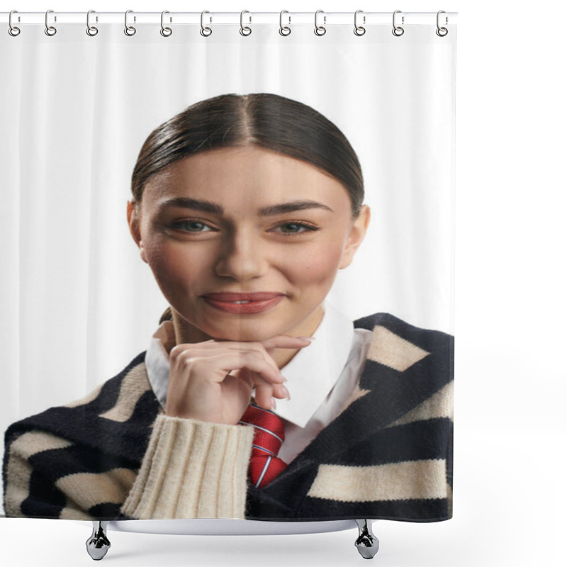 Personality  Emotional Young Woman Smiles Gently While Resting Her Chin On Her Hand, Radiating Warmth And Charm. Shower Curtains