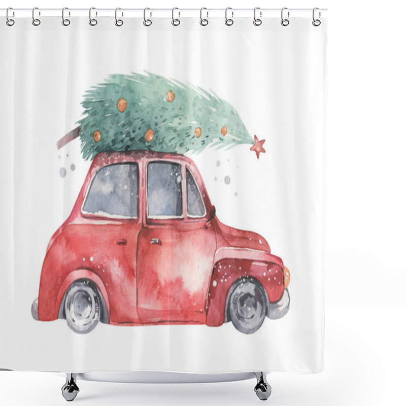 Personality  Watercolor Christmas Holiday Card Transportation Illustration. Merry Xmas Winter Tree Design. Hand Painted New Year Retro Vintage Cars Shower Curtains