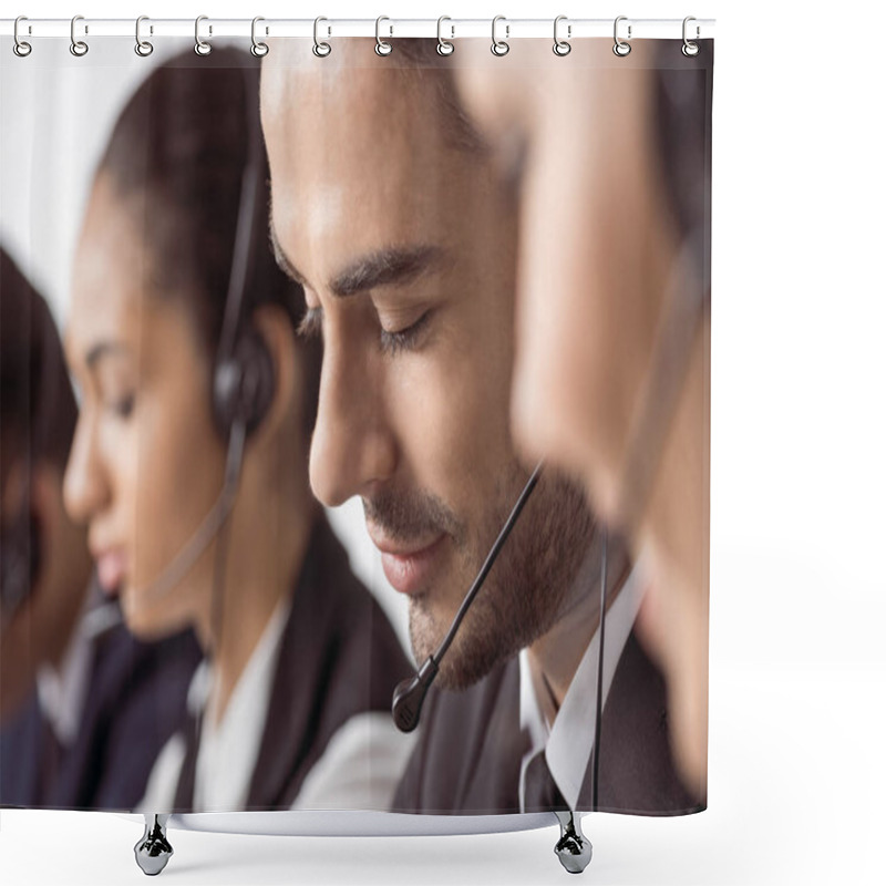 Personality  Call Center Operators In Headsets  Shower Curtains