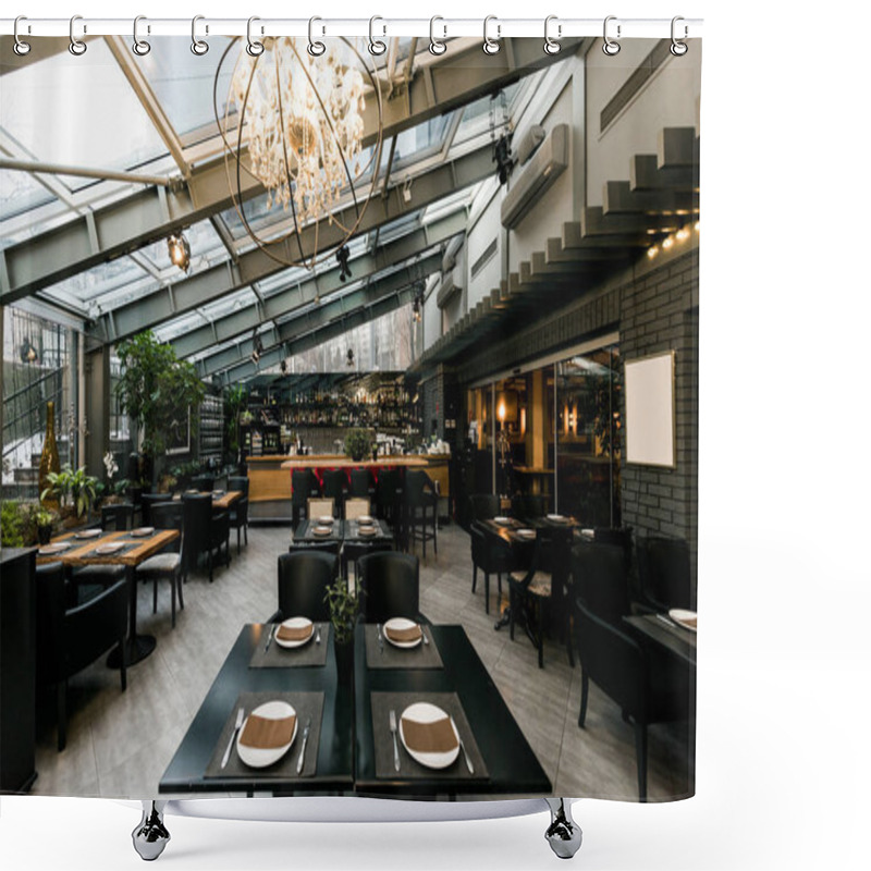 Personality  View Of Stylish Empty Cafe With Arranged Tables And Chairs For Visitors Shower Curtains